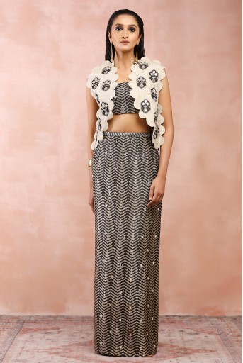 PS-JK0091  Dull Gold Embroidered Jacket With Black Brocade Bustier And Skirt