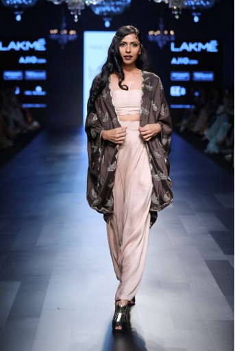 PS-FW454 Ehsan Gunmetal Silk Cape with Blush Silk Bustier and low Crotch Pant
