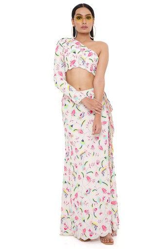 PS-CS0038  Elsa Stone Georgette Embroidered One Shoulder Top And Skirt