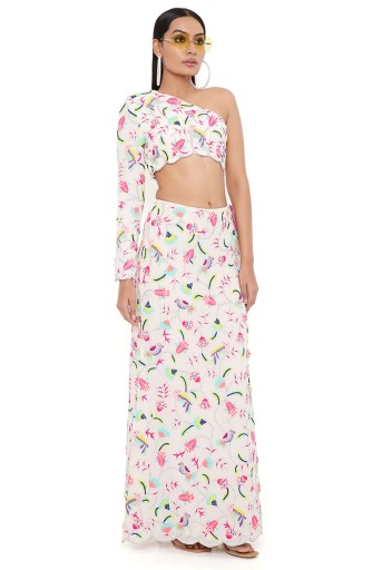 PS-CS0038  Elsa Stone Georgette Embroidered One Shoulder Top And Skirt