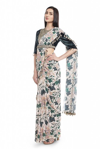 PS-FW640-A  Emerald Green Velvet Choli with White Printed Saree