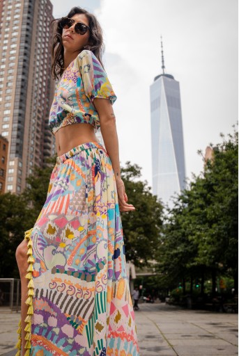 PS-TS0031  Emily Multi Psychedelic Print Crepe Balloon Top With Side Slit Gathered Skirt