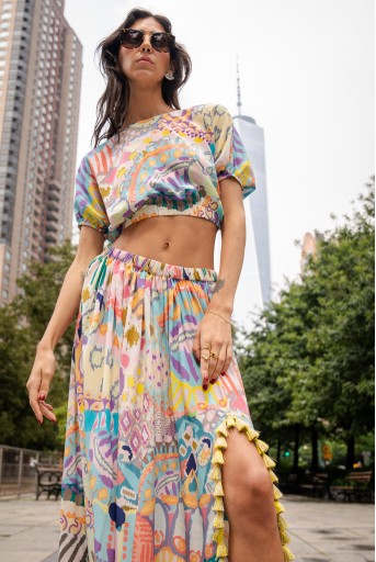 PS-TS0031  Emily Multi Psychedelic Print Crepe Balloon Top With Side Slit Gathered Skirt