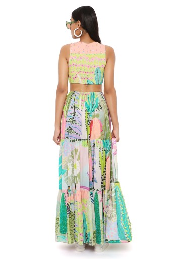 PS-DR0032  Emma Tropical Print Georgette Embroidered Waist Cut Out Dress