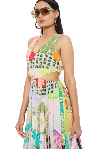 PS-DR0032  Emma Tropical Print Georgette Embroidered Waist Cut Out Dress
