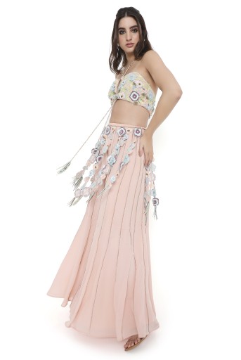 PS-CS0116  Enrica Rose Pink Embroidered Front & Back Tie-Up Bustier And Sharara With Hanging 3D Flower Tassels