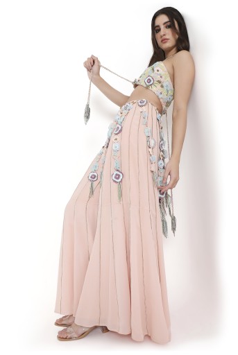 PS-CS0116  Enrica Rose Pink Embroidered Front & Back Tie-Up Bustier And Sharara With Hanging 3D Flower Tassels