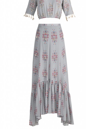 PS-FW615 Eren Grey Printed Crepe Balloon Top with Crepe and Georgette Frill Skirt