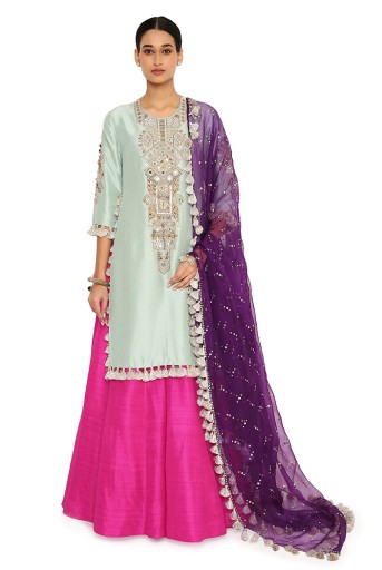 PS-LH0074  Eshma Powder Blue Colour Silk Embroidered Kurta With Pink Lehenga And Purple Organza Dupatta