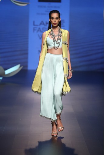 PS-FW523 Esra Lime Green Silk Scallop Jacket with Ice Blue Silk Bustier and Cropped Palazzo