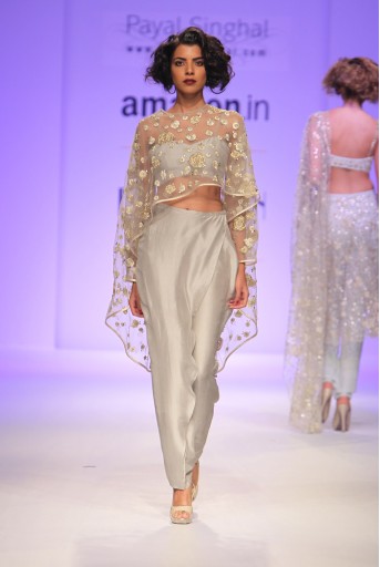 PS-FW345 Eve Pale Grey Tulle Cape with Silk Bustier and Low Crotch Overlay Pant