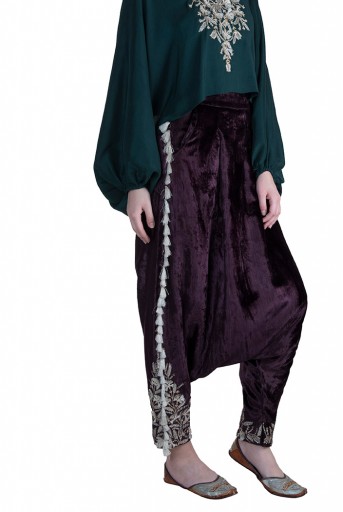 PS-FW594 Ezel Emerald green Silk Kaftan Top with Purple Velvet Low Crotch Pant