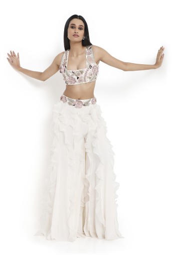 PS-CS0122  Fabiana Off White Embroidered Choli With Tie Up Back And Sharara With Ruffles