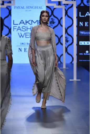 PS-FW476 Falak Grey Silk Bustier and Low Crotch Pant with Mukaish Georgette Cape