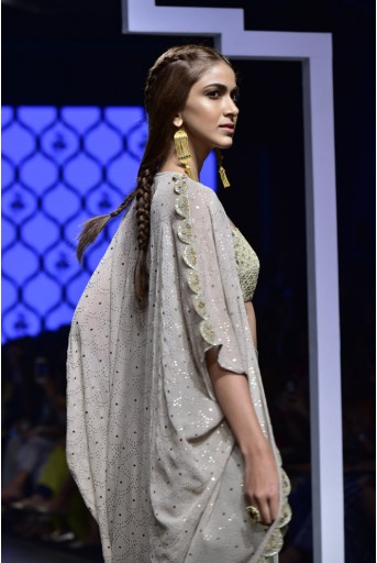 PS-FW476 Falak Grey Silk Bustier and Low Crotch Pant with Mukaish Georgette Cape