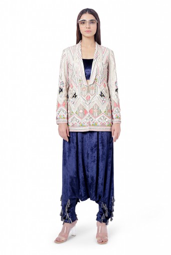 PS-FW753  Fariat Chalk White Colour Georgette Embroidered Jacket with Navy Colour Velvet Bustier and Low Crotch Pant