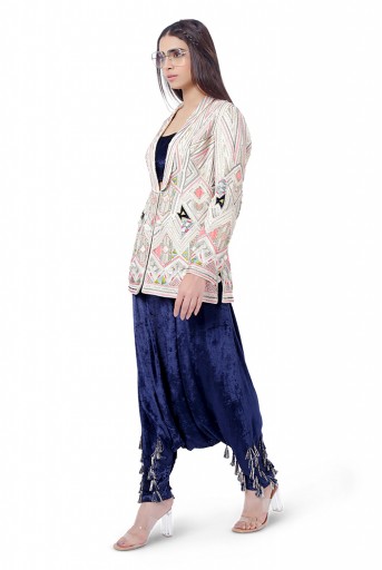 PS-FW753  Fariat Chalk White Colour Georgette Embroidered Jacket with Navy Colour Velvet Bustier and Low Crotch Pant