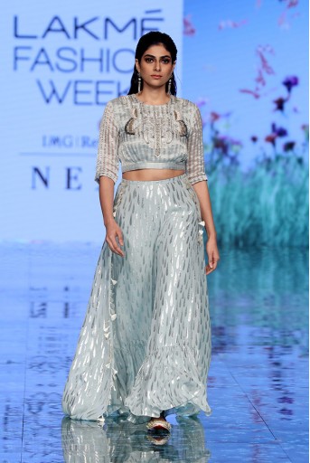 PS-FW702 Farideh Pale Blue Chanderi Stripe Embroidered Top with Tear Drop Georgette Sharara with attached Skirt