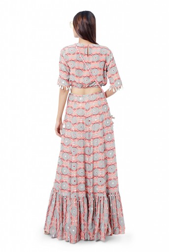 PS-FW732  Farzin Coral Colour Printed and Embroidered Crepe Balloon Top with Frill Skirt