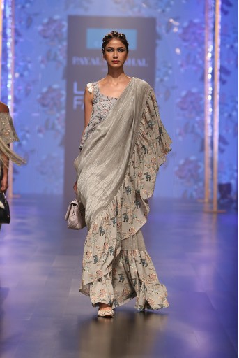 PS-FW548 Feruza Powder Blue Printed Crepe Top with Mint Printed Georgette and Chanderi Stripe Frill Saree