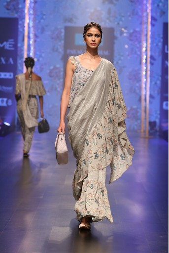 PS-FW548 Feruza Powder Blue Printed Crepe Top with Mint Printed Georgette and Chanderi Stripe Frill Saree