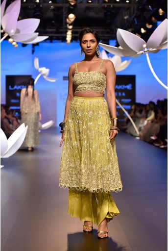 PS-FW534 Feyza Lime Green Silk Choli and Organza Skirt with attached Palazzo