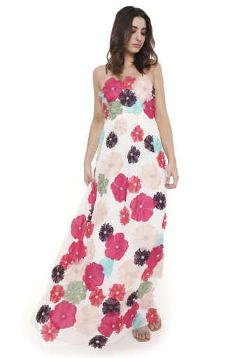 PS-DR0046  Fiora Off White 3D Flower Embroidered Maxi Dress