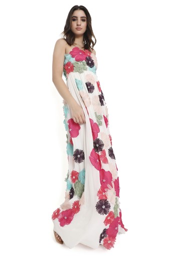 PS-DR0046  Fiora Off White 3D Flower Embroidered Maxi Dress