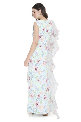 PS-DR0047  Fiorita Lavender Dream Print Embroidered Kaftan With Ruffle On One Shoulder With Hanging Tassels