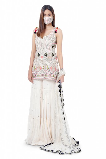 PS-FW754  Fizza Chalk White Colour Georgette Embroidered Kurta with Mukaish Georgette Sharara and Mukaish Net Dupatta