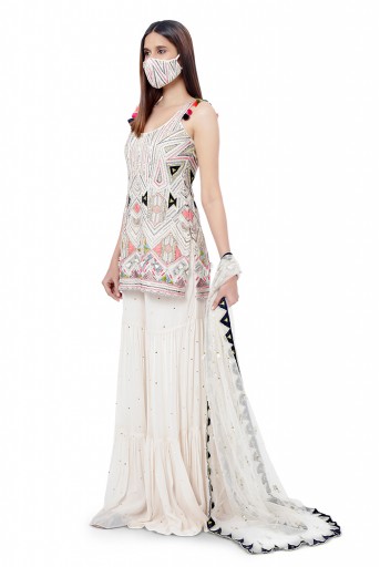 PS-FW754  Fizza Chalk White Colour Georgette Embroidered Kurta with Mukaish Georgette Sharara and Mukaish Net Dupatta