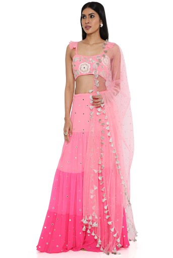 PS-CS0039  Coral Embroidered Top With Coral And Pink Ombre Shade Gathered Embroidered Skirt With Coral Mukaish Net Dupatta