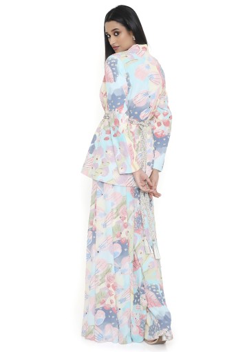 PS-JK0109-B  Fresia Euphoria Print Embroidered Blazer With Bustier And Sharara With Belt