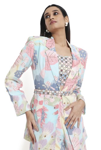 PS-JK0109-B  Fresia Euphoria Print Embroidered Blazer With Bustier And Sharara With Belt