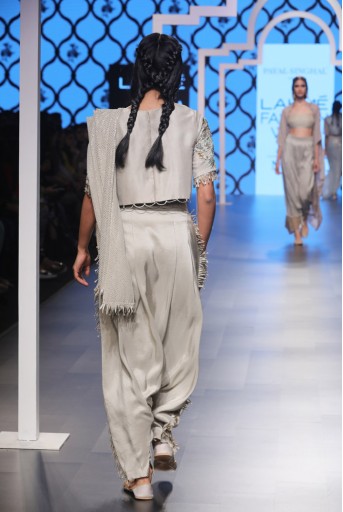 PS-FW475 Gazal Grey Silk Crop Top and Low Crotch Pants with attached Mukaish Georgette Drape