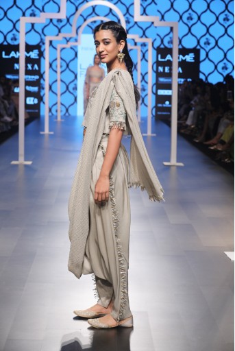 PS-FW475 Gazal Grey Silk Crop Top and Low Crotch Pants with attached Mukaish Georgette Drape