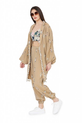 PS-FW801  Gold  Brocade Oversized Jacket and Jogger Pant with Green Colour Printed Cotton Rayon Bustier
