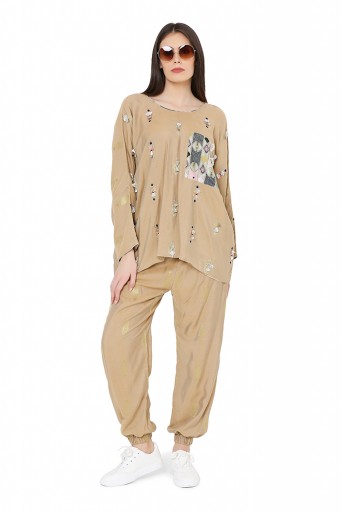 PS-FW806  Gold Brocade Oversized Top with Jogger Pant