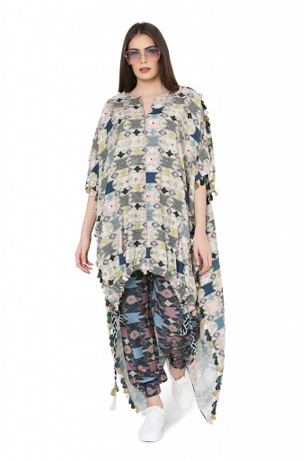 PS-FW803  Green Colour Printed Cotton Rayon Oversized High-Low Kaftan Top with Navy Colour Printed Cotton Rayon Jogger Pant