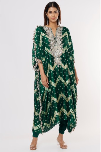PS-KP0081-G  Green Leheriya Bandhani Silk Embroidered Kurta With Soft Net Churidar