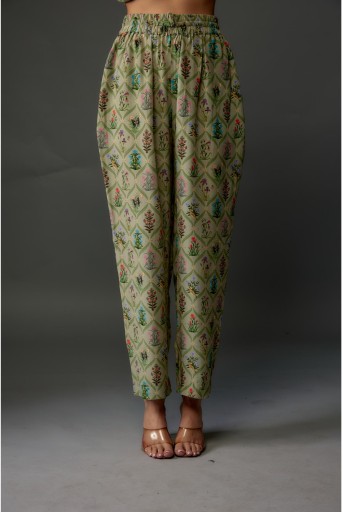 PS-PT0057  Green Mughal Print Crepe Top With Pants