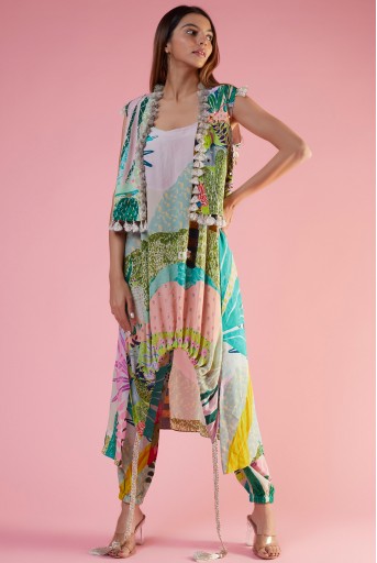 PS-JK0061-J  Green Tropical Printed Crepe High Low Kurta And Jogger Pant With Embroidered Jacket