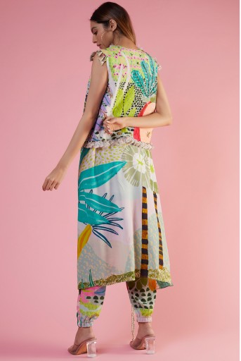 PS-JK0061-J  Green Tropical Printed Crepe High Low Kurta And Jogger Pant With Embroidered Jacket