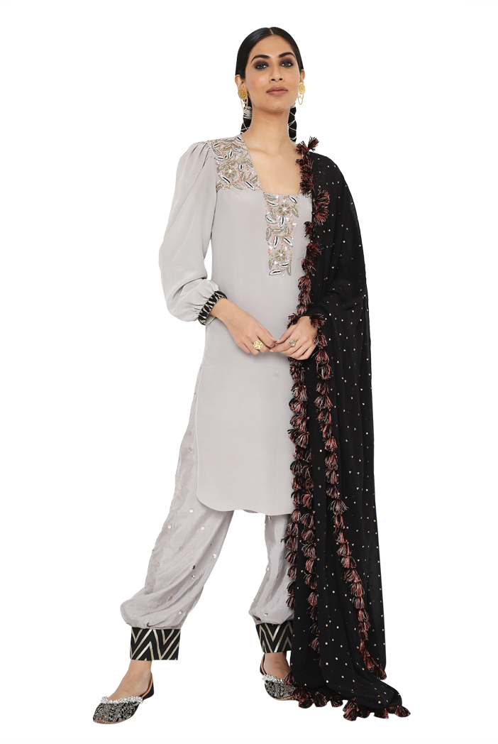Exclusive Grey Georgette Silk Zari Work Salwar Suits With Dupatta