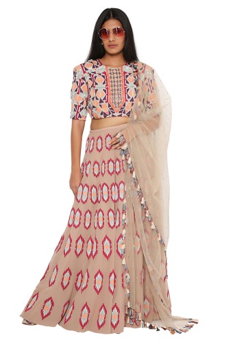 PS-FW627-C  Grey Colour Georgette Back Tie-Up Choli With Lehenga And Mukaish Net Dupatta