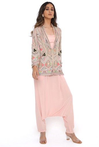 PS-FW753-B  Grey Colour Georgette Embroidered Jacket With Rose Pink Crepe Bustier And Low Crotch Pants