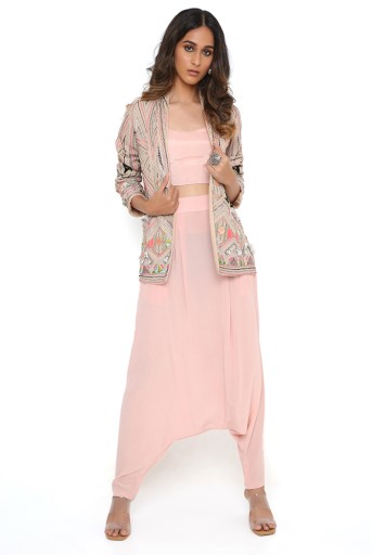 PS-FW753-B  Grey Colour Georgette Embroidered Jacket With Rose Pink Crepe Bustier And Low Crotch Pants