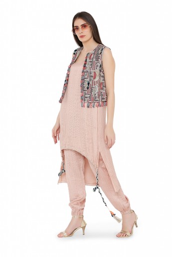 PS-FW707-A  Grey Colour Georgette Jacket with Rose Pink Colour Chanderi Stripe High-Low Kurta and Jogger Pant