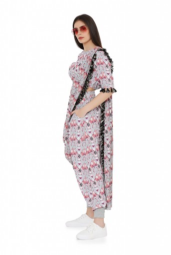 PS-FW810  Grey Colour Printed Art Crepe Balloon Top and Low Crotch Pant with Attached Printed Art Georgette Drape Dupatta