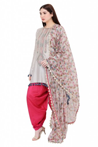 PS-KS0005-A  Grey Colour Silkmul Kurta with Coral Colour Cotton Silk Salwar and Tissue Dupatta